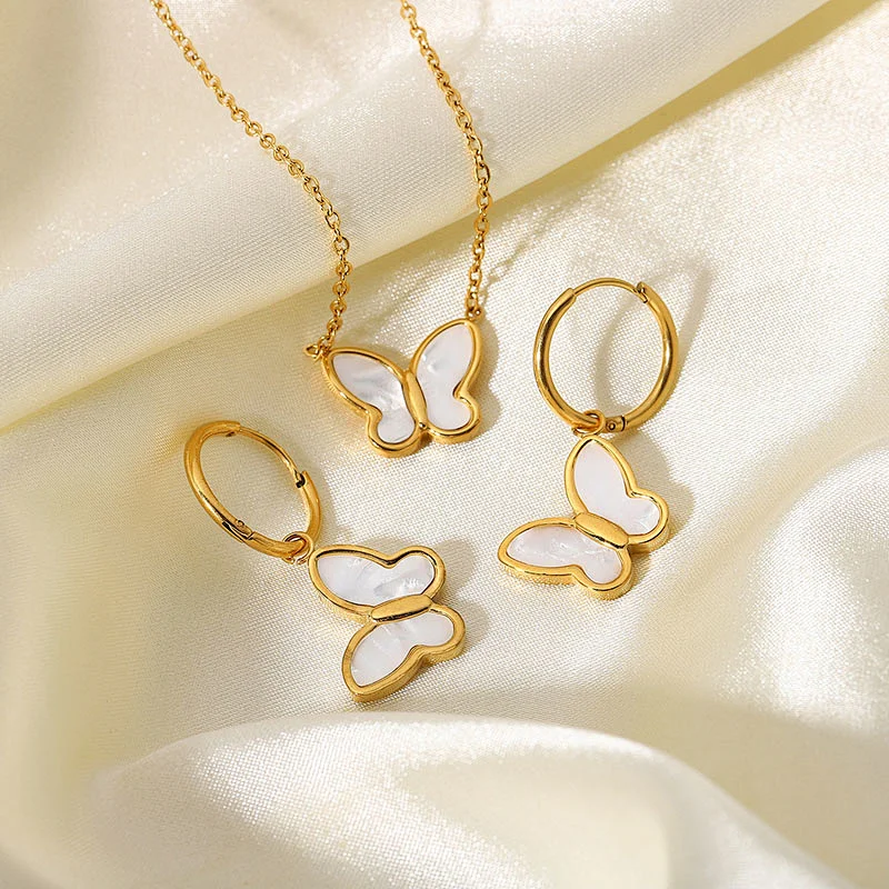 18K Gold Natural Shell Butterfly Pendant Earrings For Women