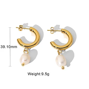 Stainless Steel C Shape Pearl Pendant 18K Gold Earrings Women