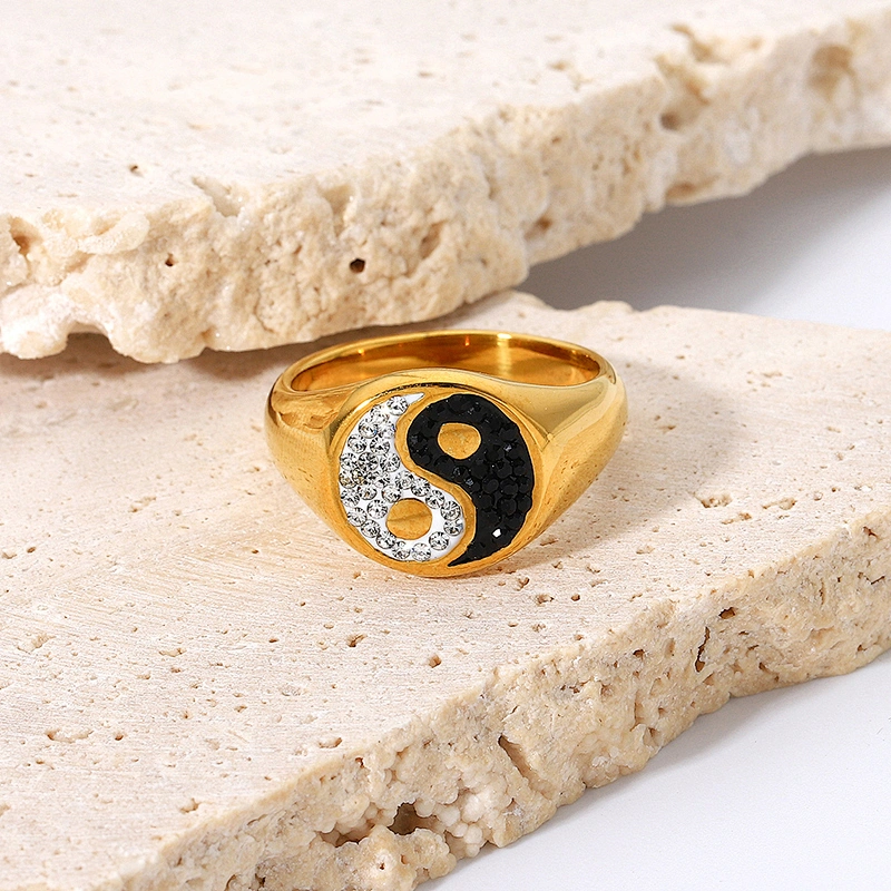 18K Gold Plated Diamond Black and White Ring Jewelry Women