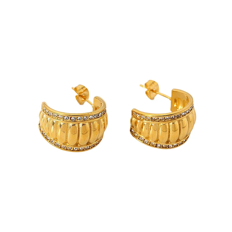 Stainless Steel Rhinestone Half Round Shape Earrings