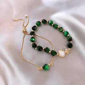 Simple Layered Chain Bracelet Green Natural Stone Bracelet