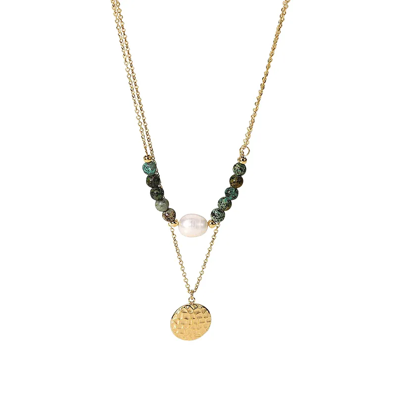 Natural Stone Pearl Pendant Layered Steel Necklace