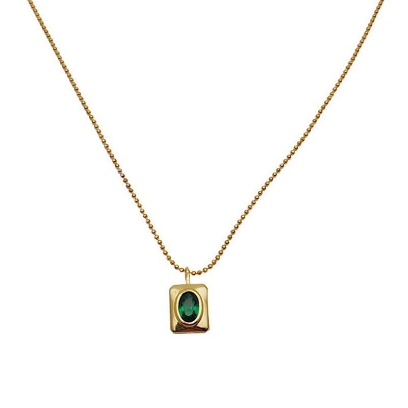 Square Green Crystal Pendant Stainless Steel Necklace Factory