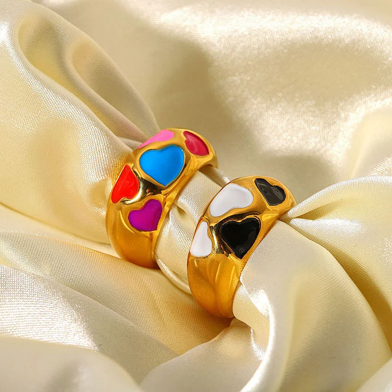 Gold Plated Heart Enamel Ring Stainless Steel Color Ring Women