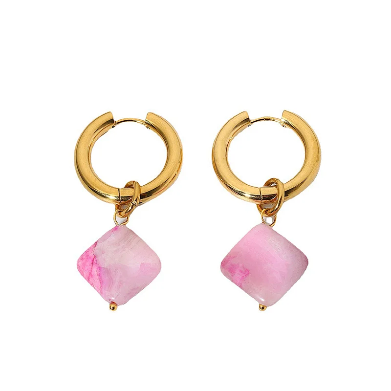 Pink Steel Natural Stone Drop Earrings for Women