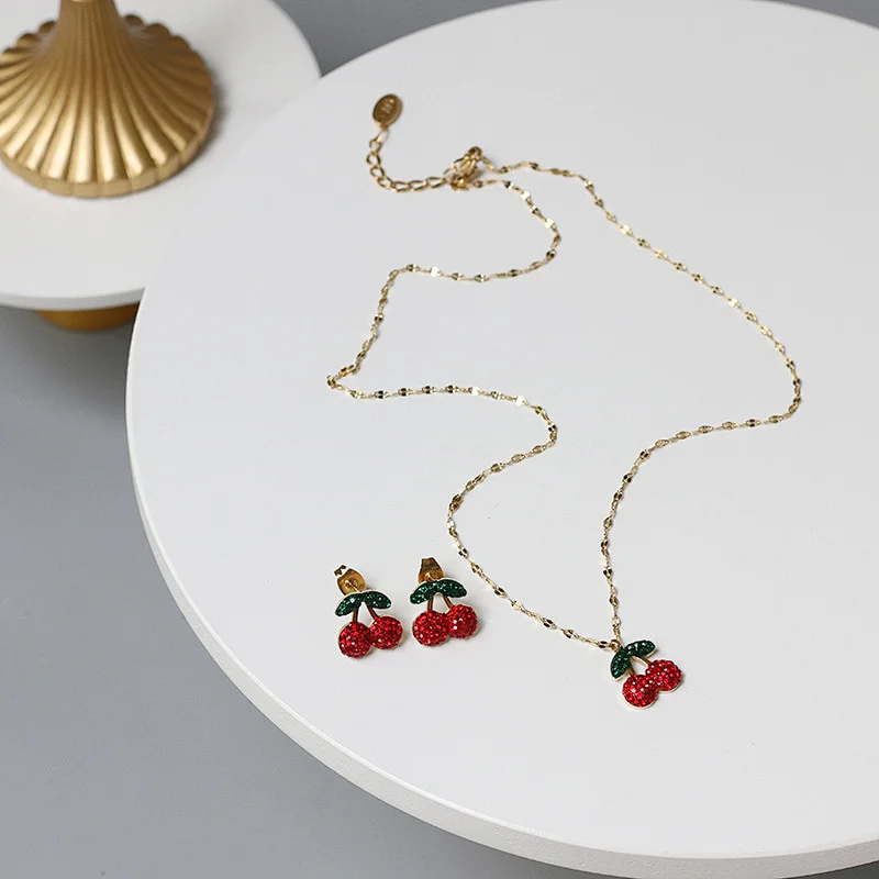 Stainless Steel Crystal Cherry Earrings And Necklace Set