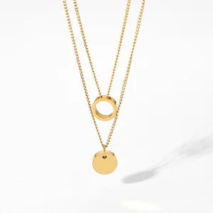Simple Gold Double Necklace Steel Hollow Pendant Necklace