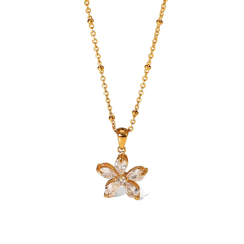 New Steel White Zircon Flower Pendant Necklace Women