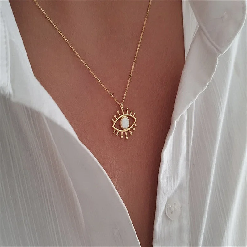 Trendy Gold Color Chain Evil Eye Opal Pendant Women Necklace