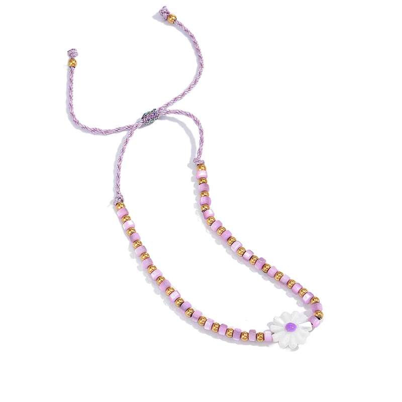 Handmade Braided Daisy Purple Beaded Stainless Steel Bracelet