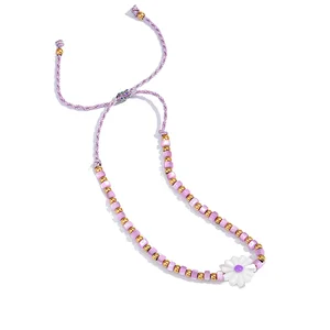 Handmade Braided Daisy Purple Beaded Stainless Steel Bracelet