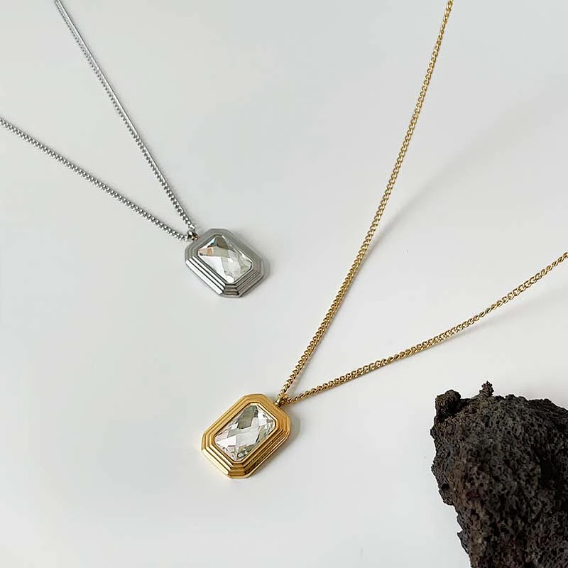 Stainless Steel Square Crystal Glass Pendant Necklace