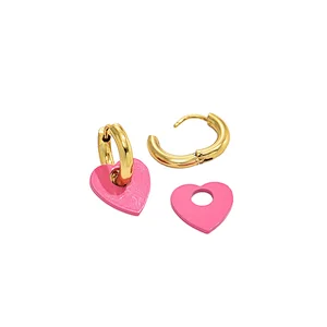Trend Pink Heart Drop Earrings Stainless Steel Hoop Earrings