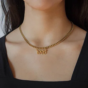 Gold Plated Thick Chain Necklace Titanium Stainless Steel Jewelry Number Pendants