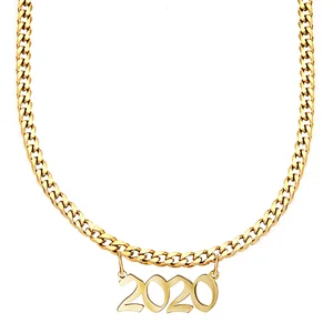 Gold Plated Thick Chain Necklace Titanium Stainless Steel Jewelry Number Pendants