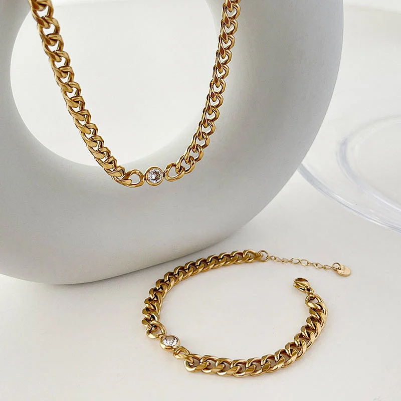 Gold Chain Zircon Titanium Steel Necklace Simple Bracelet Women Set