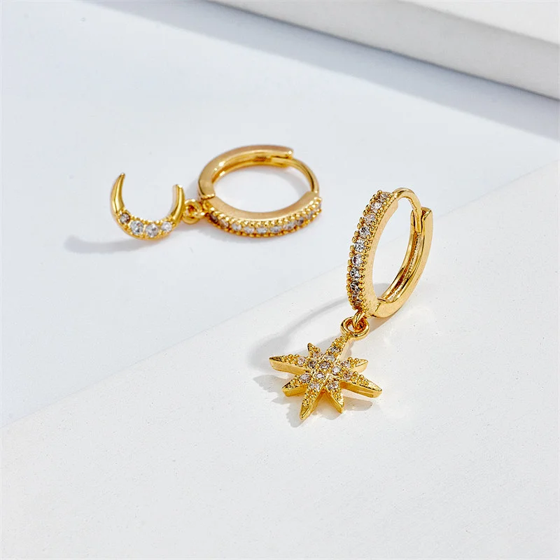 Asymmetric Star Moon Earrings Brass Zircon Hoop Earrings