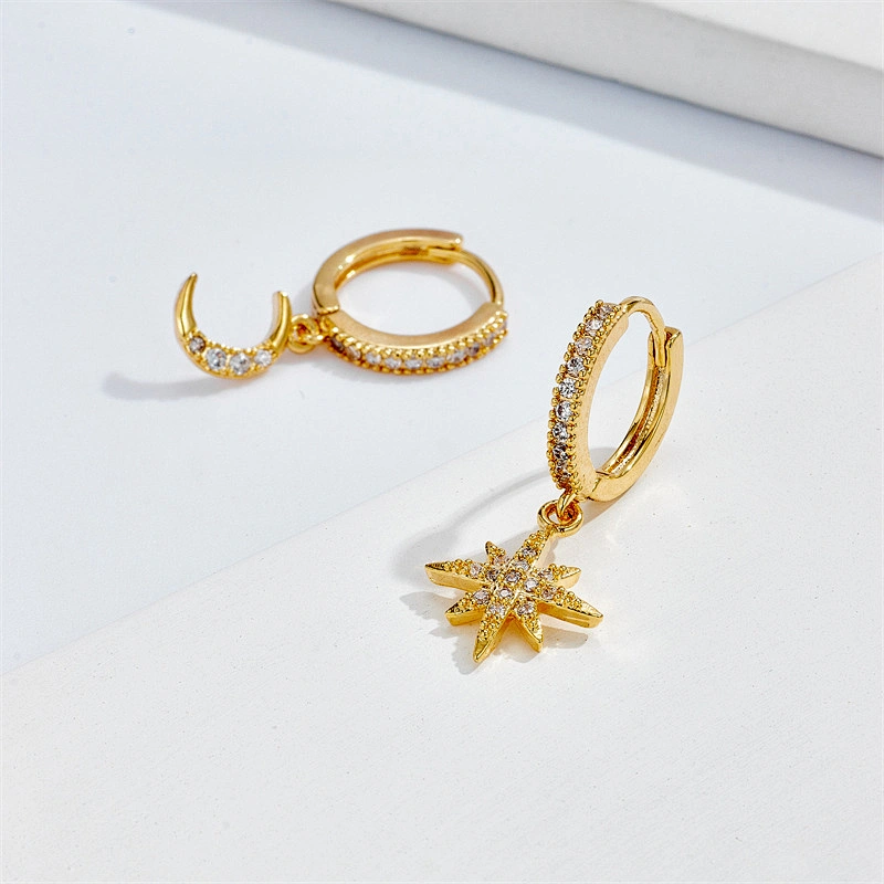 Asymmetric Star Moon Earrings Brass Zircon Hoop Earrings