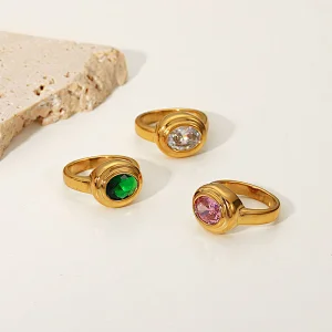 Vintage 18K Gold Plated Stainless Steel Oval Zircon Ring