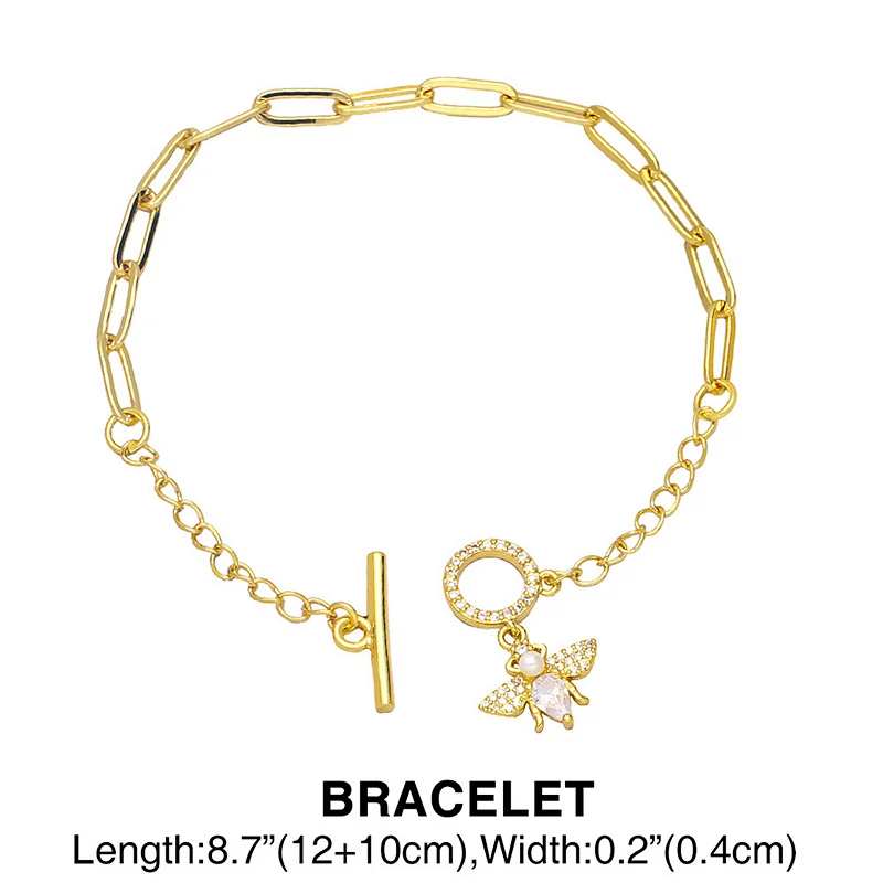 Ins Fashion OT Clasp Jewlry Set Creative Geometric Design Cubic Zirconia Bee Necklace Bracelet