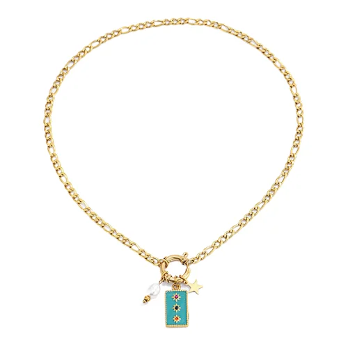 Vintage Steel Pearl Square Pendant Gold Star Necklace