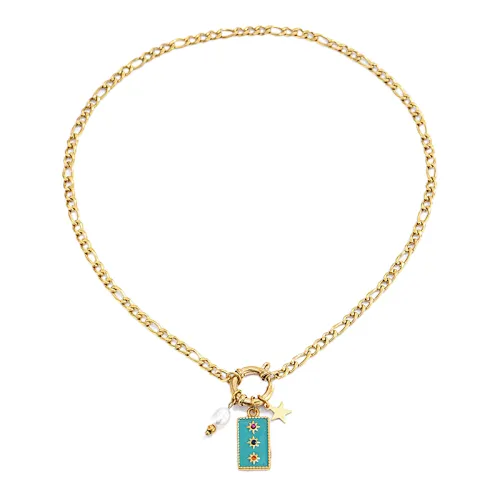 Vintage Steel Pearl Square Pendant Gold Star Necklace