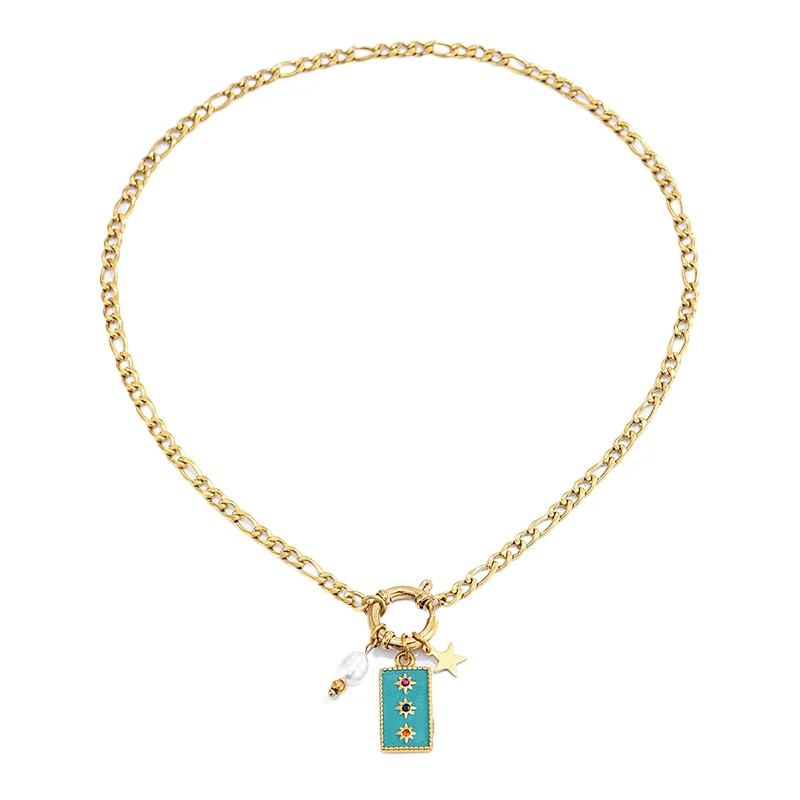 Vintage Steel Pearl Square Pendant Gold Star Necklace