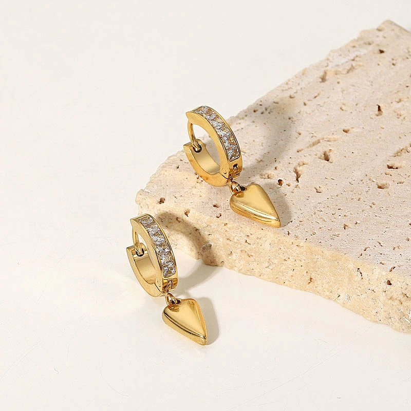 Gold Heart Drop Earrings Stainless Steel Zirconia Earrings