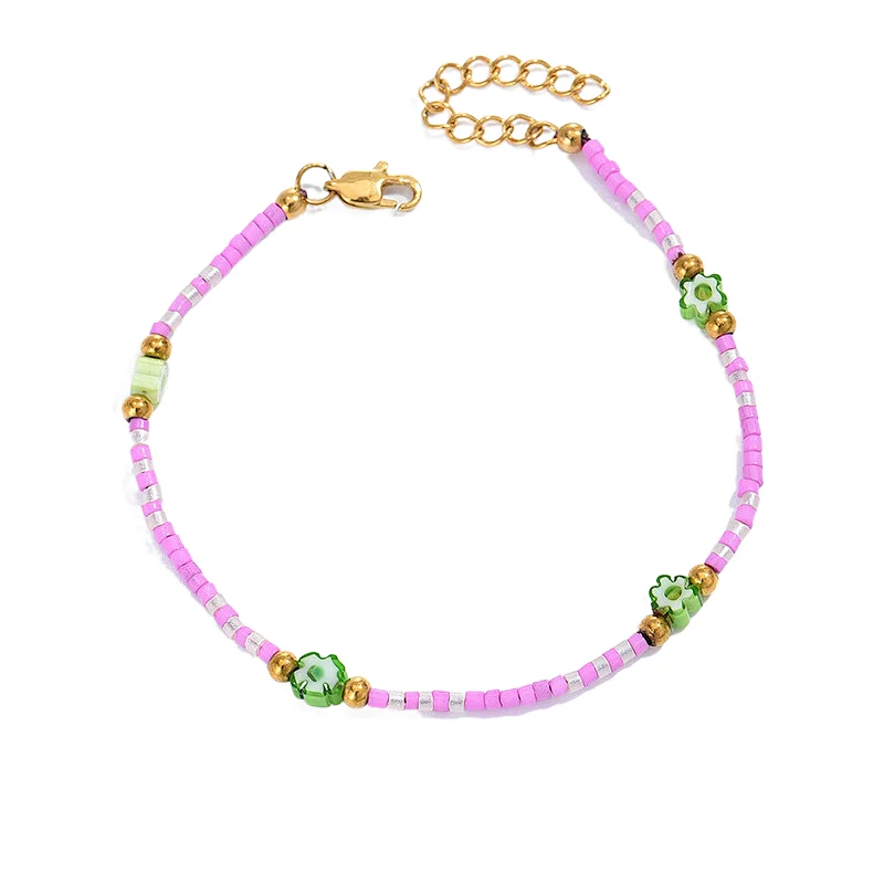Pink Beaded Bracelet Stainless Steel Chain Bracelet