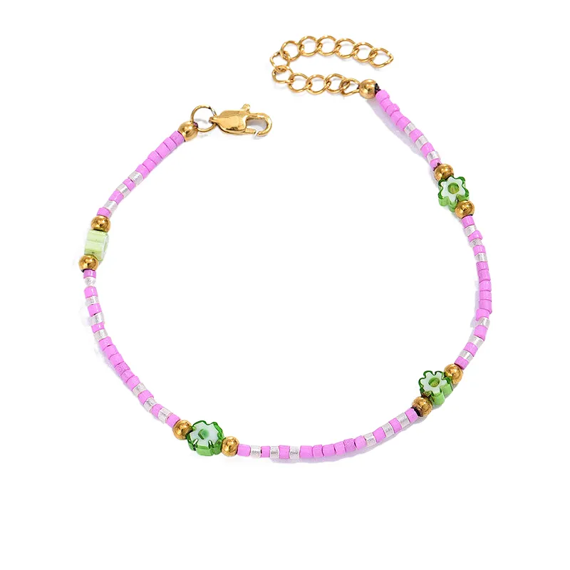Pink Beaded Bracelet Stainless Steel Chain Bracelet
