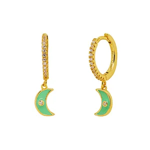 Brass Drop Enamel Moon Shape Zirconia Earring Jewelry