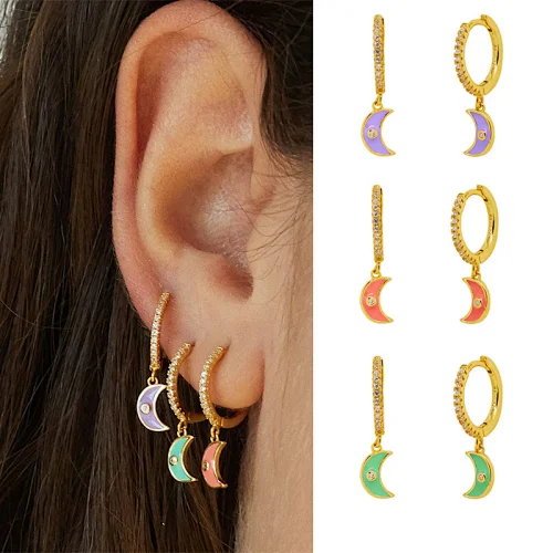 Brass Drop Enamel Moon Shape Zirconia Earring Jewelry