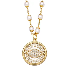 Zirconia Evil Eye Pendant Copper Necklace With Pearl Chain