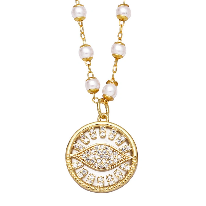 Zirconia Evil Eye Pendant Copper Necklace With Pearl Chain