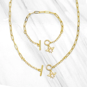 Ins Fashion OT Clasp Jewlry Set Creative Geometric Design Cubic Zirconia Bee Necklace Bracelet