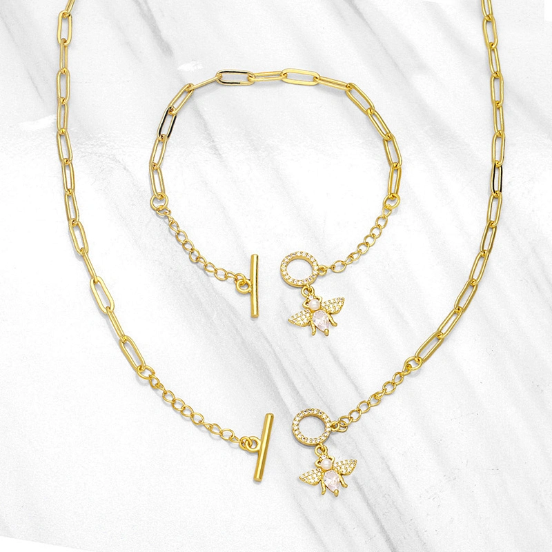 Ins Fashion OT Clasp Jewlry Set Creative Geometric Design Cubic Zirconia Bee Necklace Bracelet