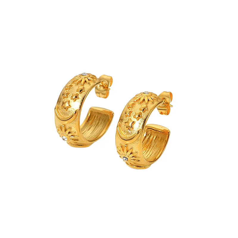 Fashion Cubic Zirconia Embossed Moon Design Stud Earrings