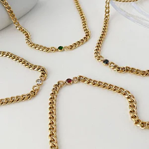 Gold Chain Zircon Titanium Steel Necklace Simple Bracelet Women Set