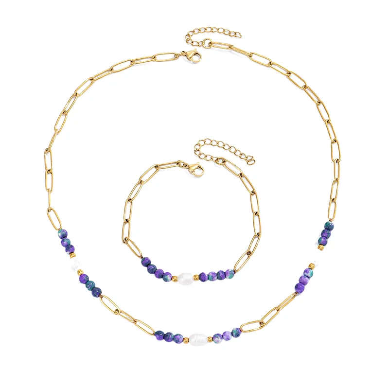 2pcs Purple Beaded Necklace Freshwater Pearl Steel Chain Bracelet Set