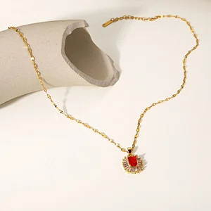 Fashion Steel Necklace Red Zircon Pendant Necklace