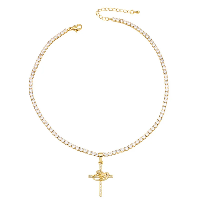 Multicolor Cubic Zirconia Cross Pendant Gold Plated Necklace