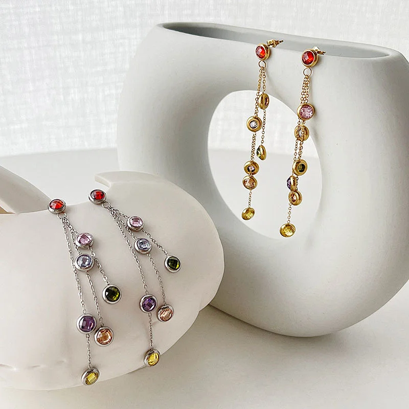 Stainless Steel Zircon Earrings Long Tassel Design Earrings