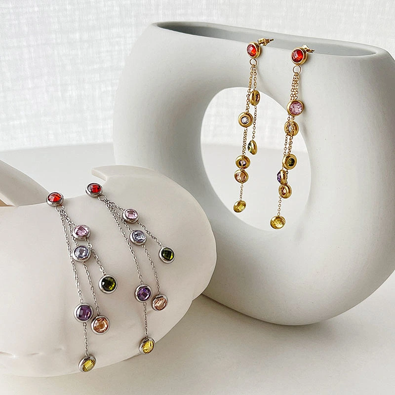 Stainless Steel Zircon Earrings Long Tassel Design Earrings