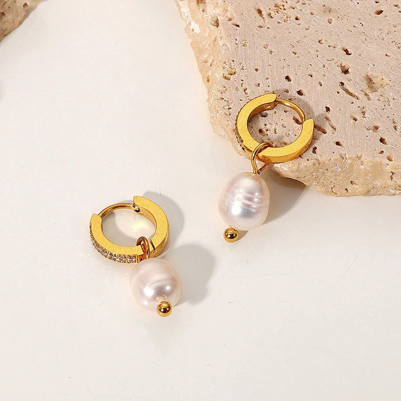 Retro Zircon Hoop Earring Freshwater Pearl Drop Earrings