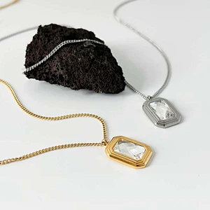 Stainless Steel Square Crystal Glass Pendant Necklace
