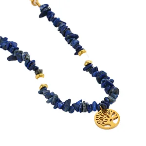 Blue Natural Stone Stainless Steel Hollow Tree Pendant Necklace