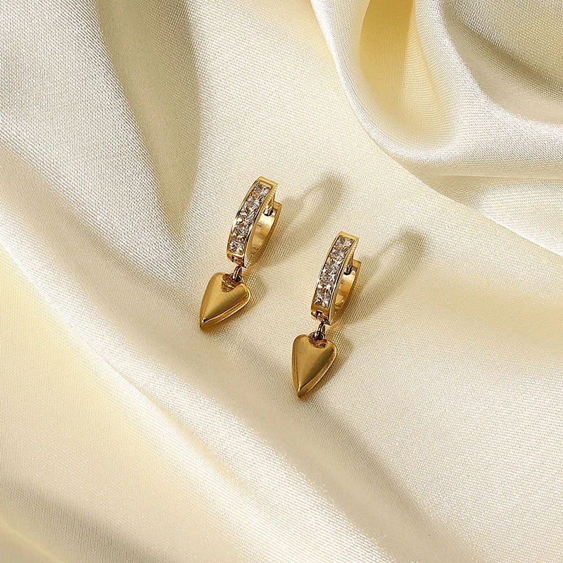 Gold Heart Drop Earrings Stainless Steel Zirconia Earrings