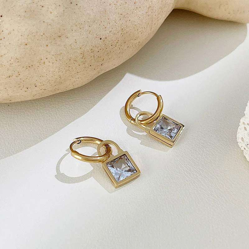 Gold Hoop Earrings Jewelry Cubic Zirconia Lock Drop Earrings