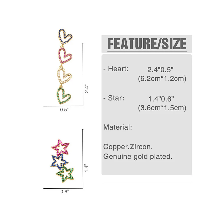 Heart Star Gold Plated Copper CZ Stone Women Girls Earrings