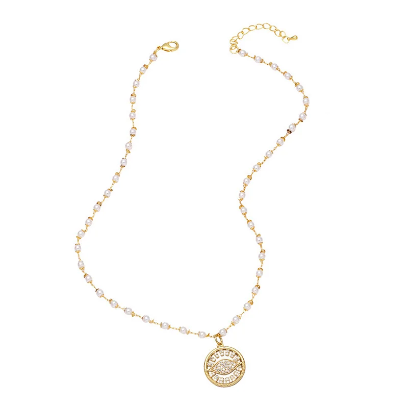 Zirconia Evil Eye Pendant Copper Necklace With Pearl Chain